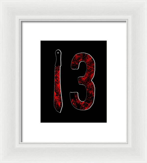 Framed print: red number 3 and knife on black, white frame and white mat