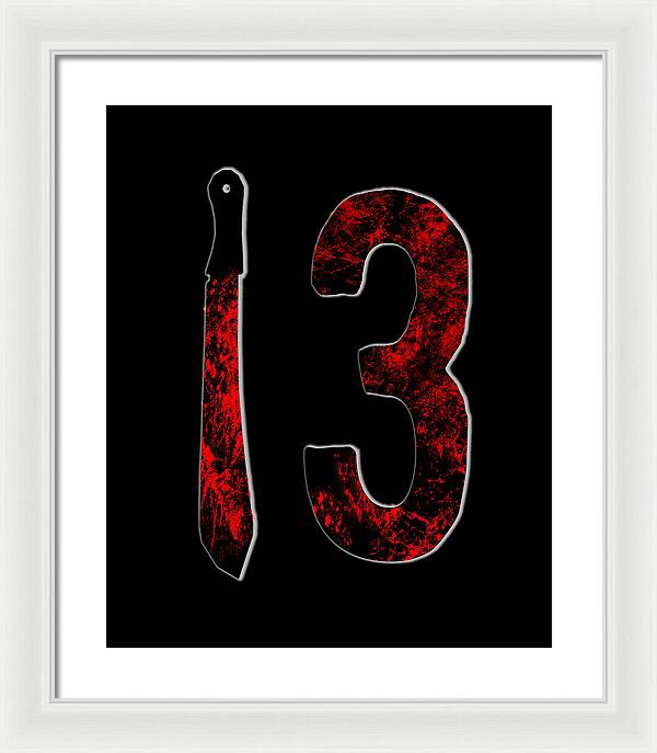 Framed print with white frame, red number 3 and knife on black background