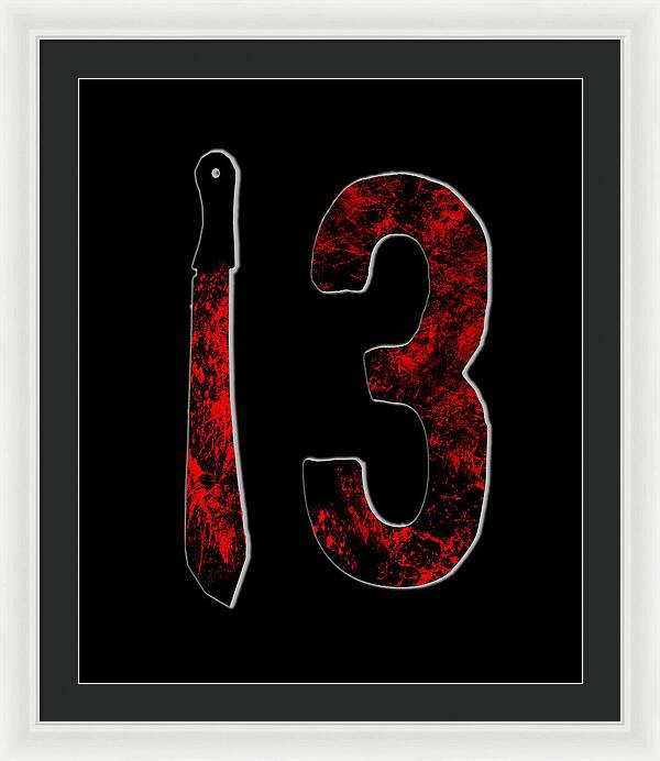 Framed horror print with red distressed number 3 and dagger on black background, white frame, black mat
