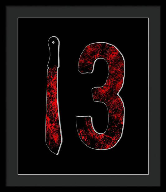 Framed horror print with red distressed number 3 and dagger on dark background, black frame