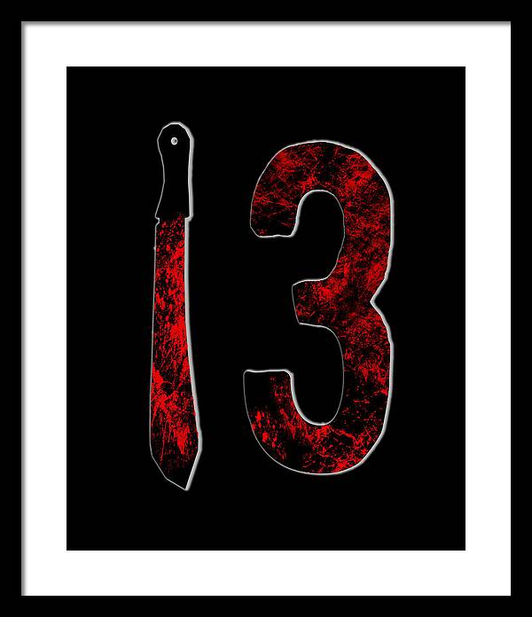 Framed print with black frame, white mat, red textured number 3 and knife