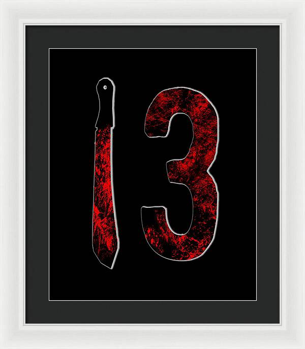 Framed print with white frame, black mat, red textured number 3 and knife