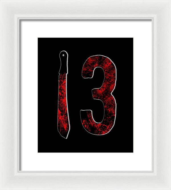 Framed print with white frame: red distressed '13' and dagger on black background.