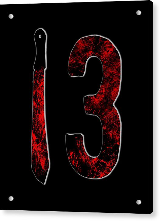 Acrylic print with red knife and number 3, with metal mounting posts