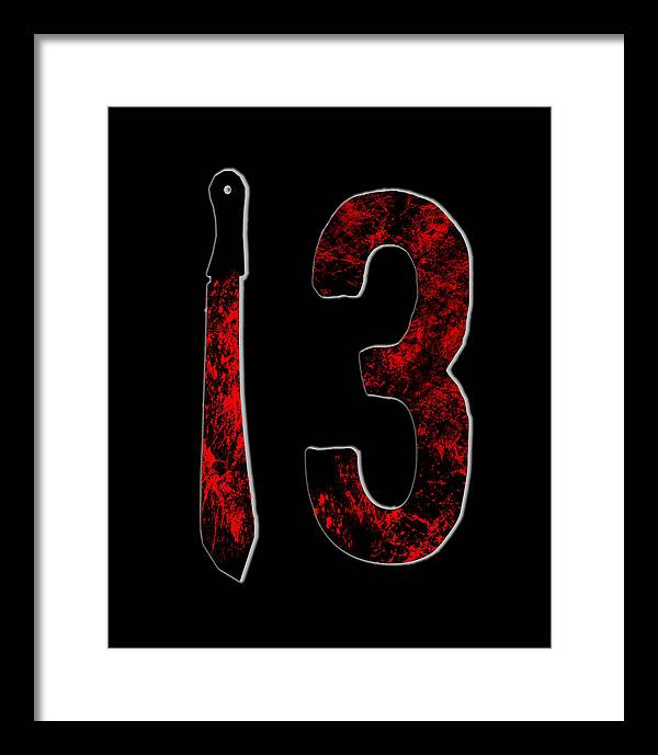 Framed print with white frame: red distressed '13' and dagger on black background.