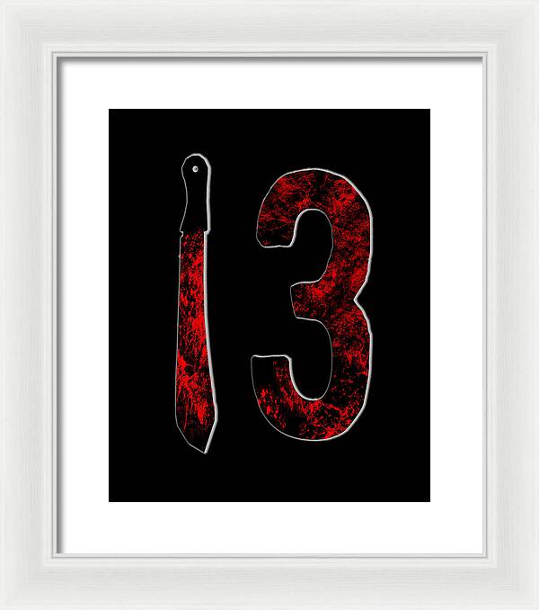 Framed print with white frame: red distressed '13' and dagger on black background.