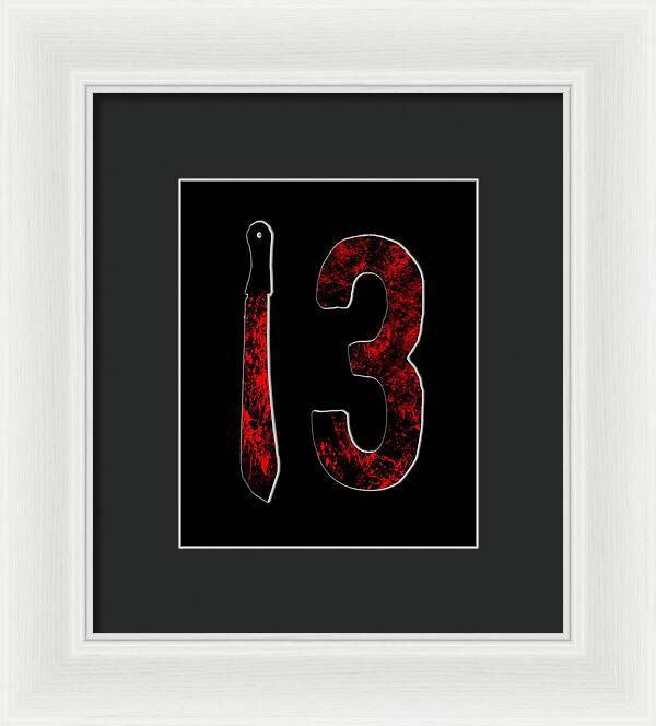 Framed print: red number 3 and knife on black, white frame and black mat