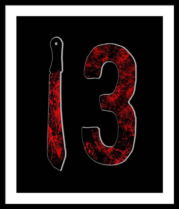Framed horror print with red distressed number 3 and dagger on black background, black frame, white mat
