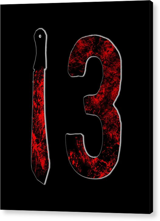 Acrylic print with red knife and number 3 on dark background