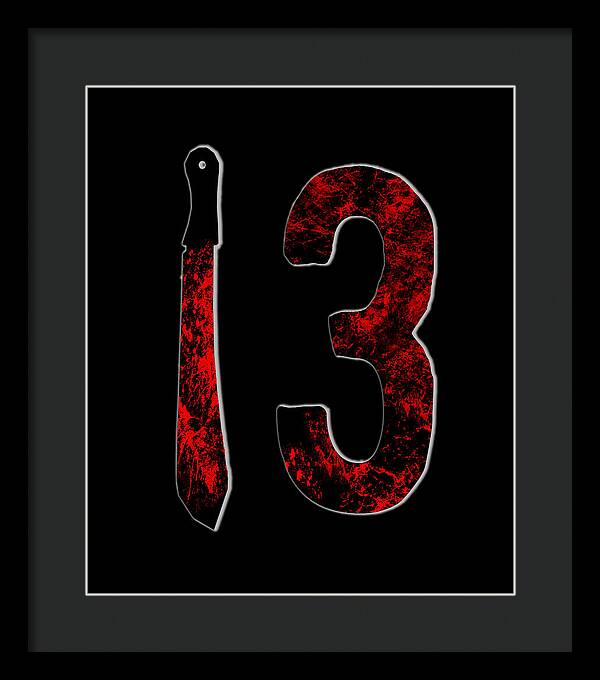 Framed print with black frame: red distressed '13' and dagger on black background.