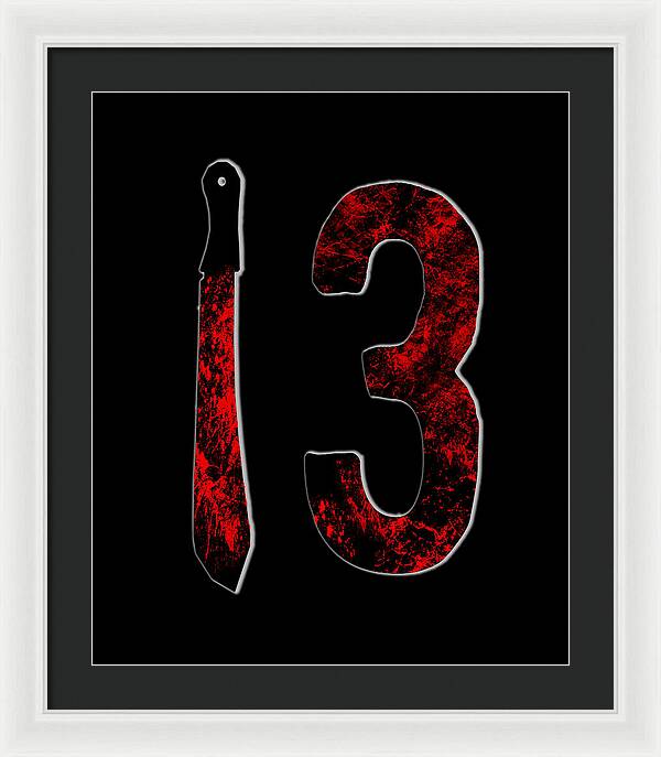 Framed horror print with red distressed number 3 and dagger on black background, white frame, black mat