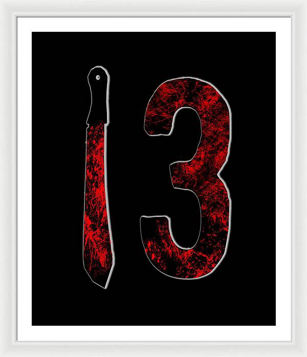 Framed horror print with red distressed number 3 and dagger on black background, white frame