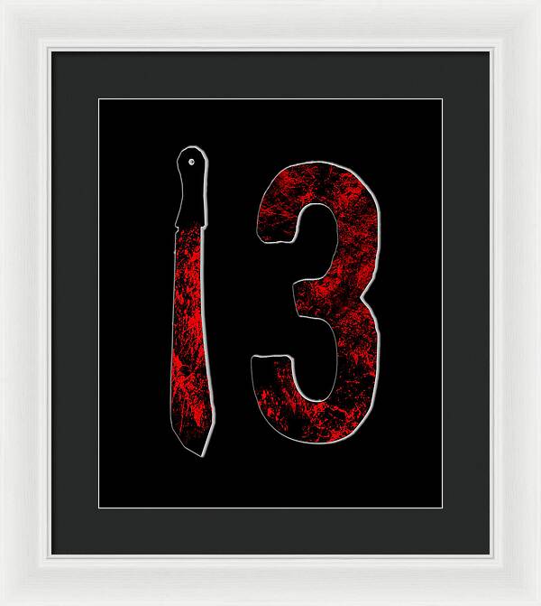 Framed print with white frame, black mat, red textured number 3 and knife