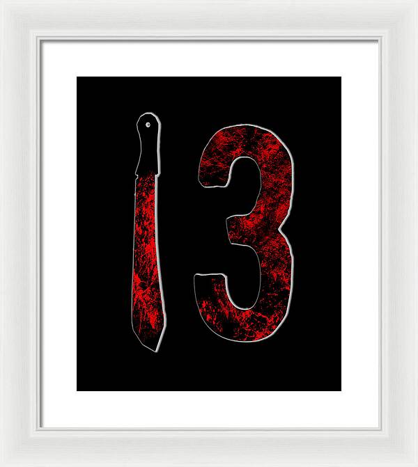 Framed print with white frame: red distressed '13' and dagger on black background.