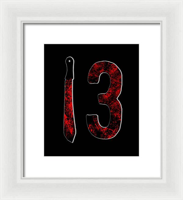 Framed print: red number 3 and knife on black, white frame
