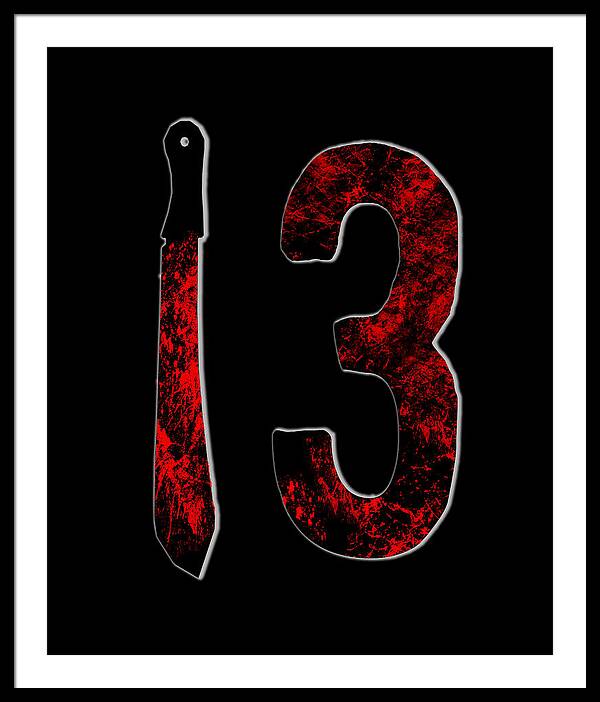 Framed horror print with red distressed number 3 and dagger on black background, black frame, white mat