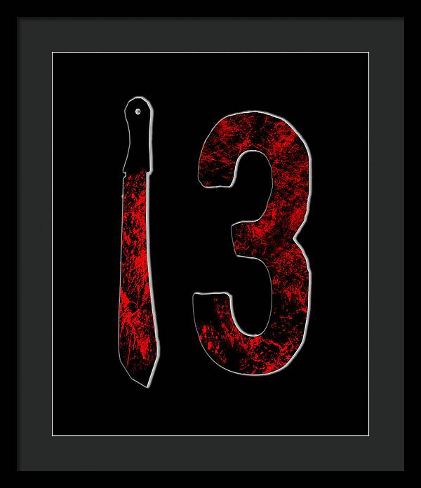 Framed print with dark frame and black mat, red textured number 3 and knife