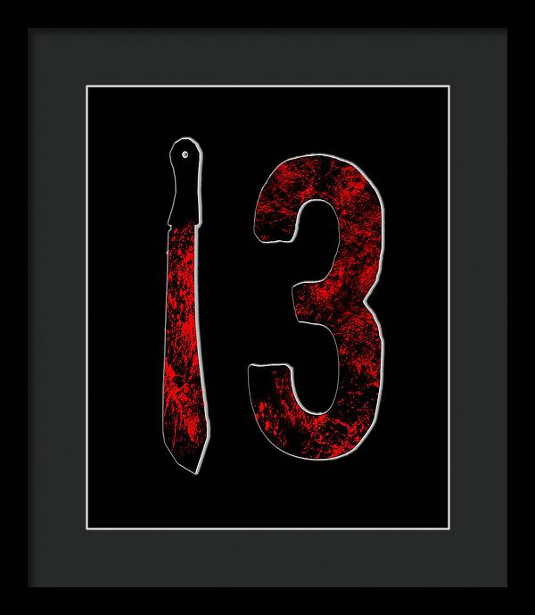 Framed print with black frame: red distressed '13' and dagger on black background.