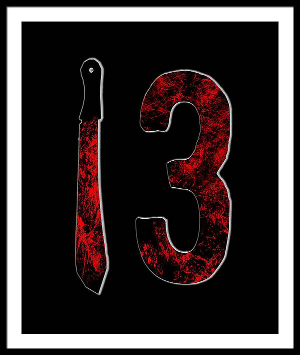 Framed horror print with red distressed number 3 and dagger on black background, black frame
