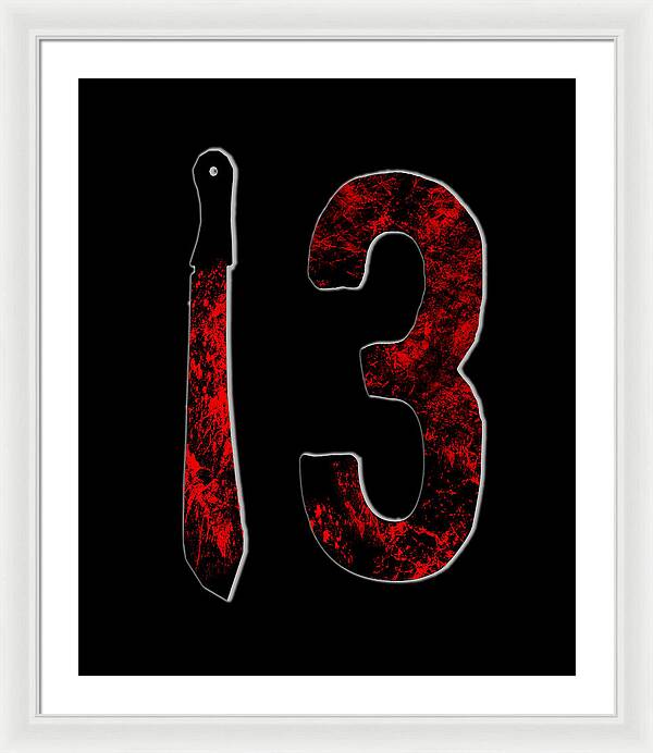 Framed horror print with red distressed number 3 and dagger on black background, white frame, white mat