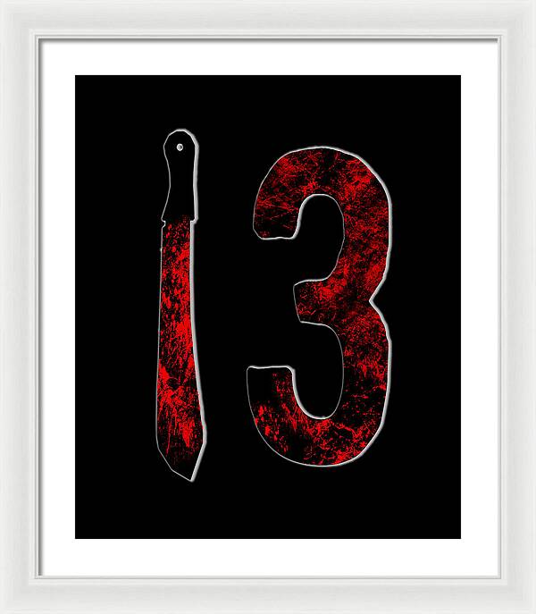 Framed horror print with red distressed number 3 and dagger on black background, white frame
