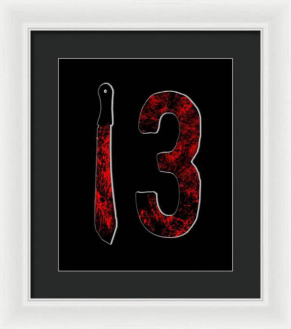 Framed print with white frame: red distressed '13' and dagger on black background.