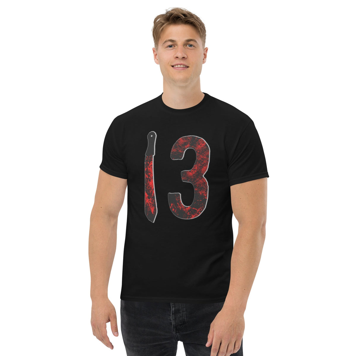 Black T-shirt on model, front view, with large distressed “3” and vertical knife graphic