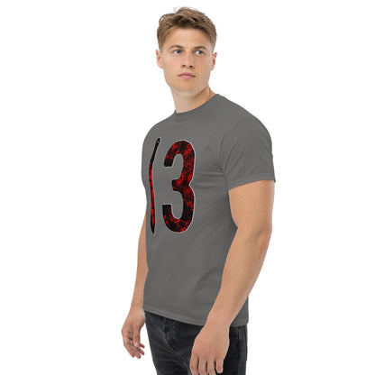Charcoal gray T-shirt on model, side view, with distressed “3” and vertical knife graphic