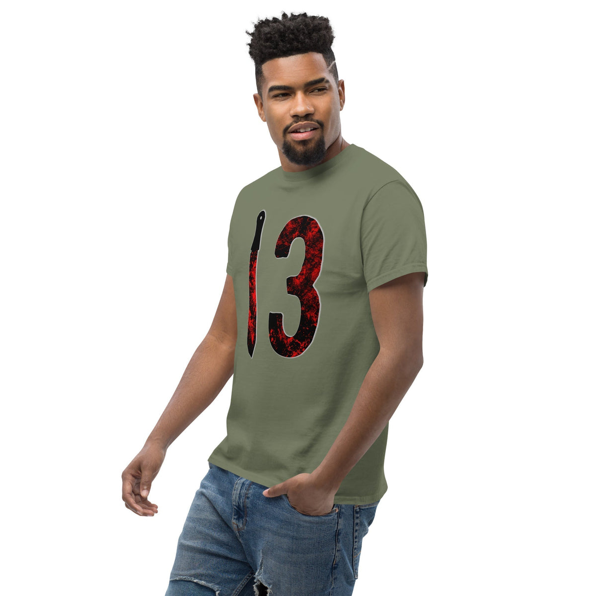 Military green T-shirt on model, front view, with distressed “3” and vertical knife graphic