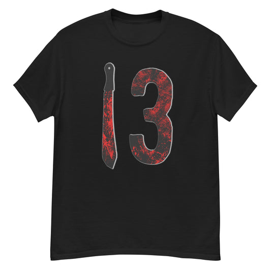 Black T-shirt with large distressed “3” graphic and vertical knife design in red and gray