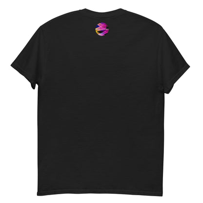 Black T-shirt back with small multicolor graphic near the neckline