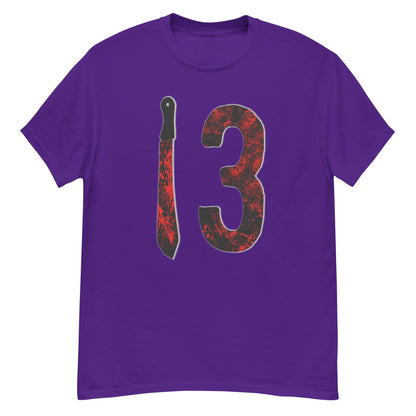 Purple T-shirt with large distressed “3” graphic and vertical knife design in red and black