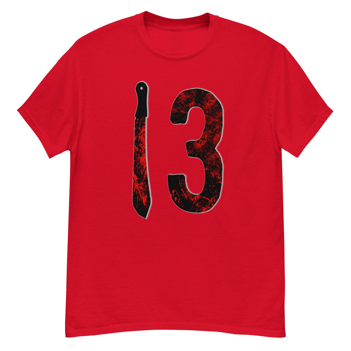 Red T-shirt with large distressed “3” graphic and vertical knife design in red and black