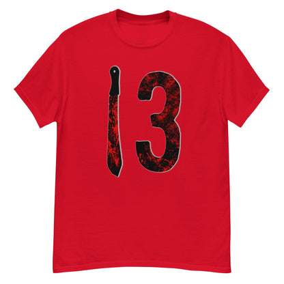 Red T-shirt with large distressed “3” graphic and vertical knife design in red and black