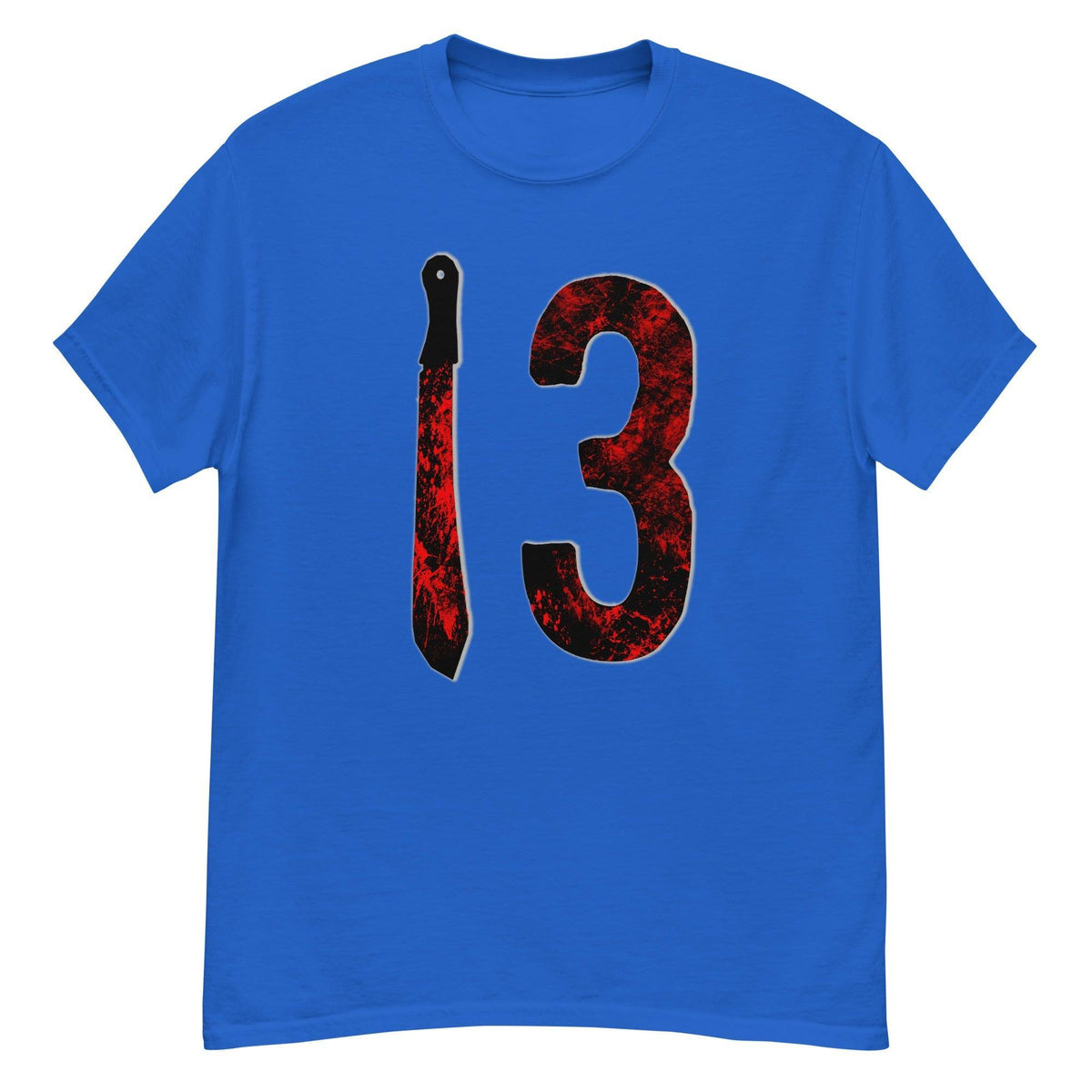 Royal blue T-shirt with large distressed “3” graphic and vertical knife design in red and black