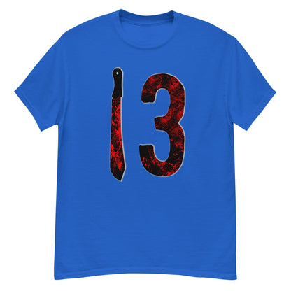 Royal blue T-shirt with large distressed “3” graphic and vertical knife design in red and black