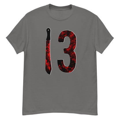 Charcoal horror T-shirt with red-black number 3 and candle graphic