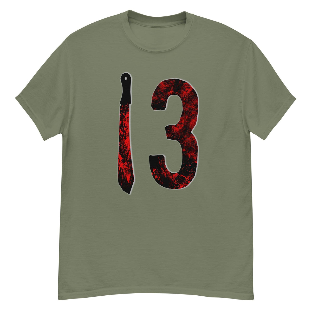 Olive horror T-shirt with red-black number 3 and candle graphic