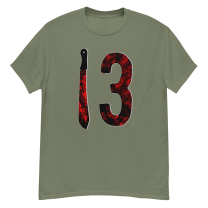 Olive horror T-shirt with red-black number 3 and candle graphic