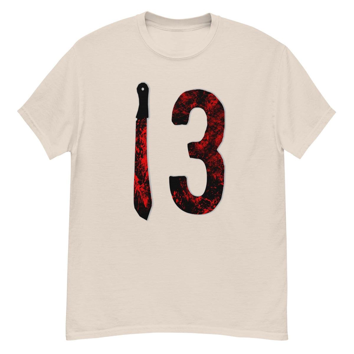 Beige horror T-shirt with red-black number 3 and candle graphic