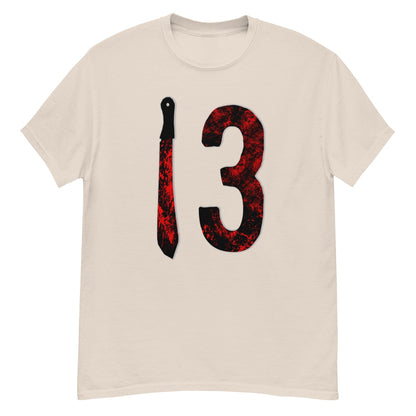 Beige horror T-shirt with red-black number 3 and candle graphic