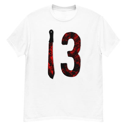 White horror T-shirt with red-black number 3 and candle graphic