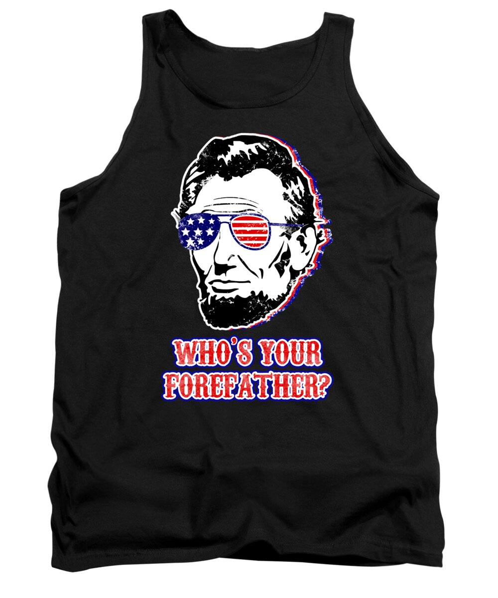 Black tank top with front graphic of Abraham Lincoln head and patriotic text, crew neckline.