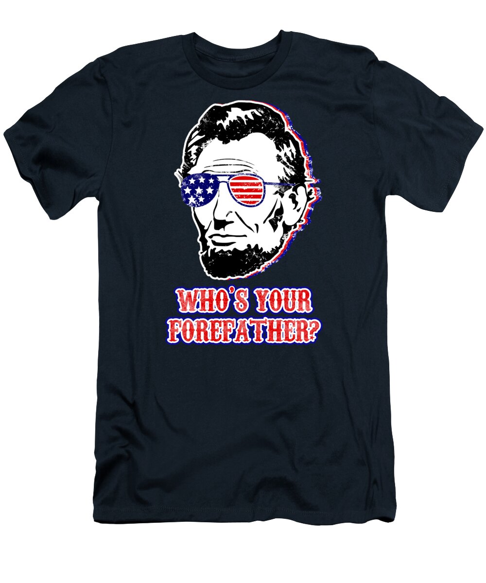 Navy graphic T-shirt with Abe Lincoln face and 'WHO'S YOUR FORE FATHER?' text