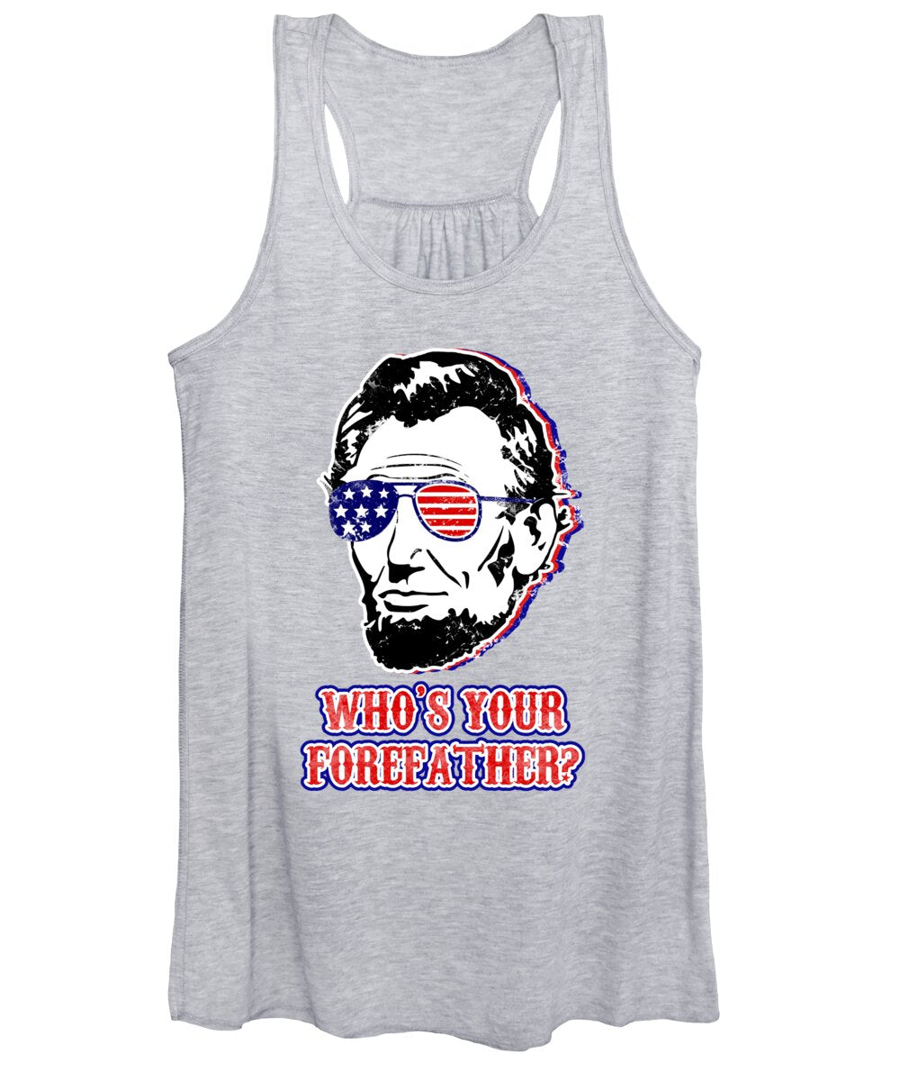Light heather gray women's tank top with Abe Lincoln portrait graphic and “WHO'S YOUR FOREFATHER?”