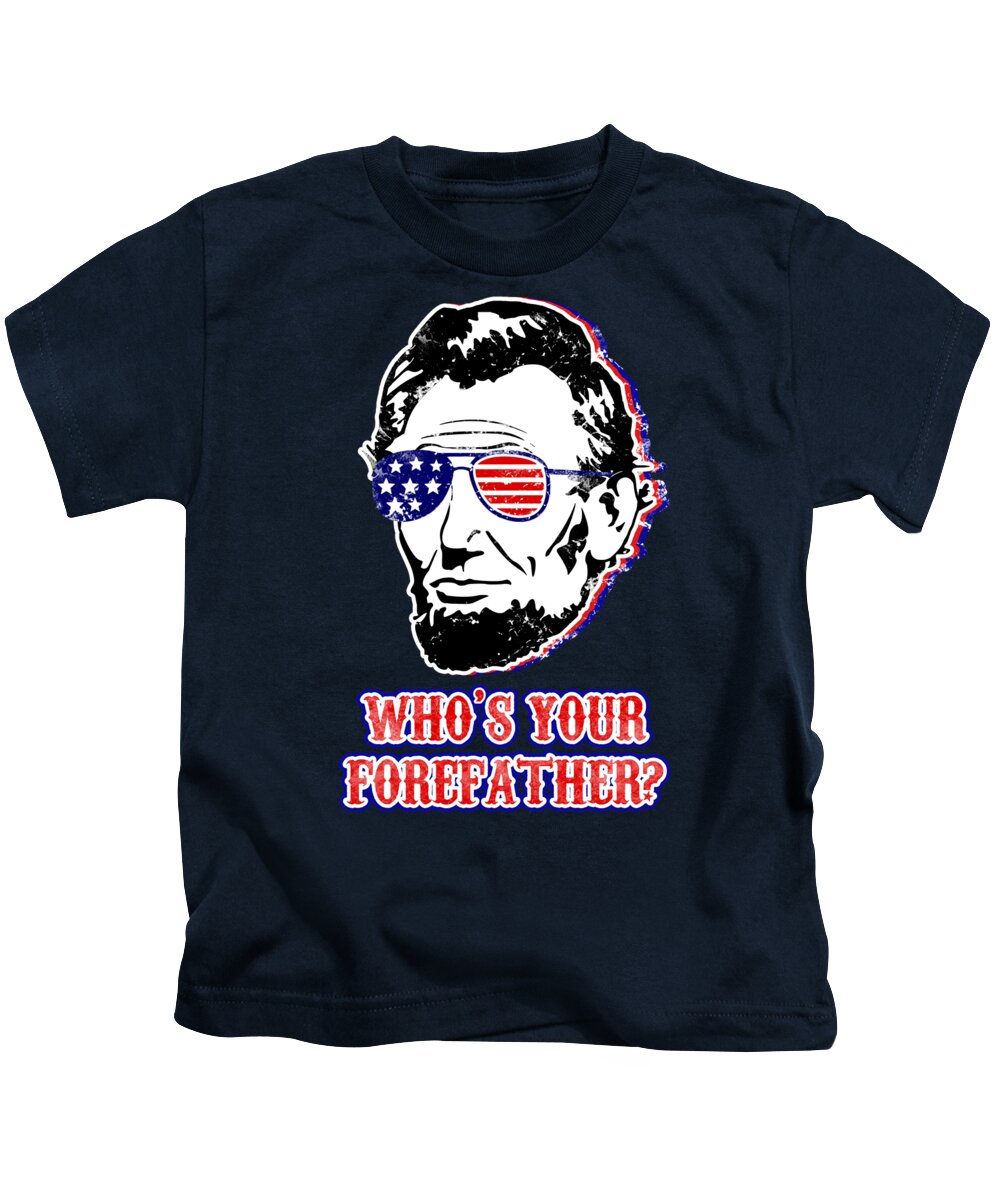 Kids navy T-shirt with Abe Lincoln portrait graphic and 'WHO'S YOUR FOREFAther?'