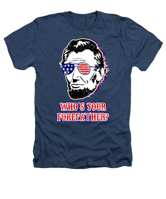 Navy T-shirt with Abe Lincoln portrait and "Who's your forefather?" graphic.