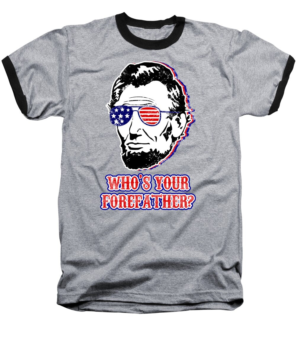 Heather baseball T-shirt with Abe Lincoln face graphic, American flag glasses, text