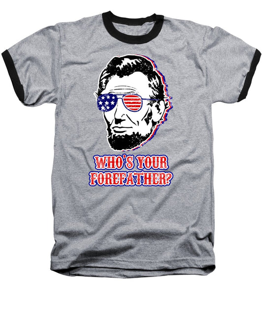 Heather baseball T-shirt with Abe Lincoln face graphic, American flag glasses, text