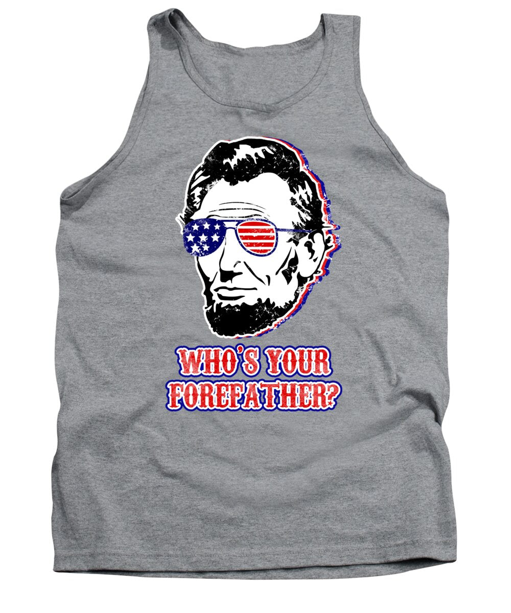 Heather gray tank top with front graphic of Abraham Lincoln head and patriotic text.